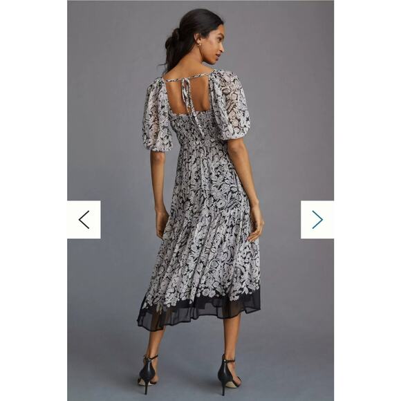 Anthropologie Squareneck Puff Sleeves Smocked Floral Midi Dress Size L euc - Picture 2 of 11